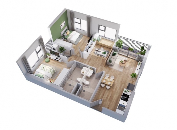 Thiết kế căn hộ 02PN The MagnoliaLong Biên